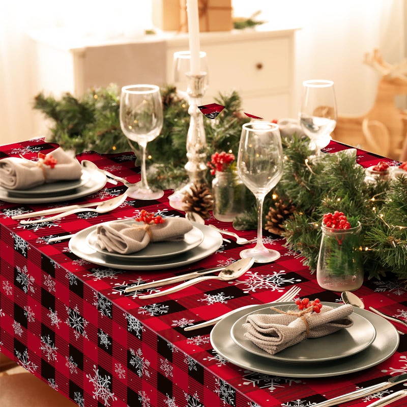 Jectivs 3 Pieces Red and Black Buffalo Plaid Merry Christmas Party Tablecloth Decorations Plastic White Snowflake Buffalo Plaid Sign Table Cover for Winter Christmas Holiday Party Supplies 54x108 inch - Image 5